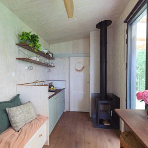 Cabane moderne avec poêle à bois et plantes, offrant un intérieur chaleureux et accueillant.