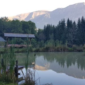 Chalet au bord dun lac, entouré de montagnes et de verdure luxuriante.
