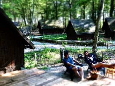 Cabane en bois dans les bois, avec des hôtes profitant d'un feu de camp. Ambiance nature apaisante.