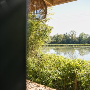 Cabane sur pilotis avec vue sur un étang entouré de verdure luxuriante.