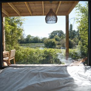 Chalet moderne avec vue sur un étang, entouré de verdure apaisante.