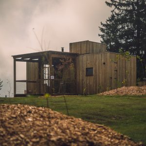 Cabane en bois moderne, entourée de verdure et de copeaux de bois, offrant une vue dégagée.