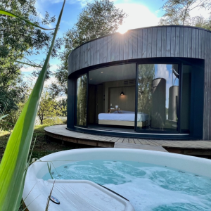 Cabane moderne avec jacuzzi, entourée de verdure et baignée de lumière naturelle.