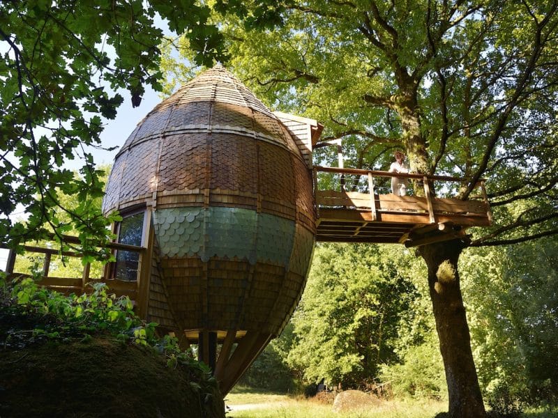 Cabane dans les arbres en bois, perchée sur un arbre, entourée de verdure.