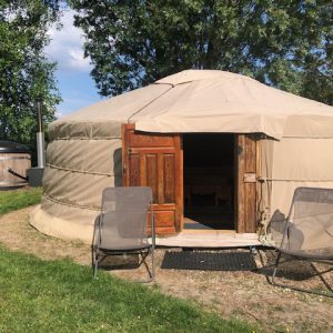Yourte spacieuse avec porte en bois sculpté, entourée de verdure et de chaises confortables.