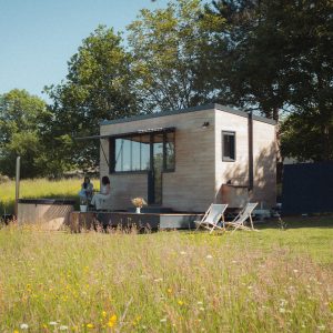 Cabane moderne en bois, entourée de fleurs sauvages, avec terrasse et vue dégagée.