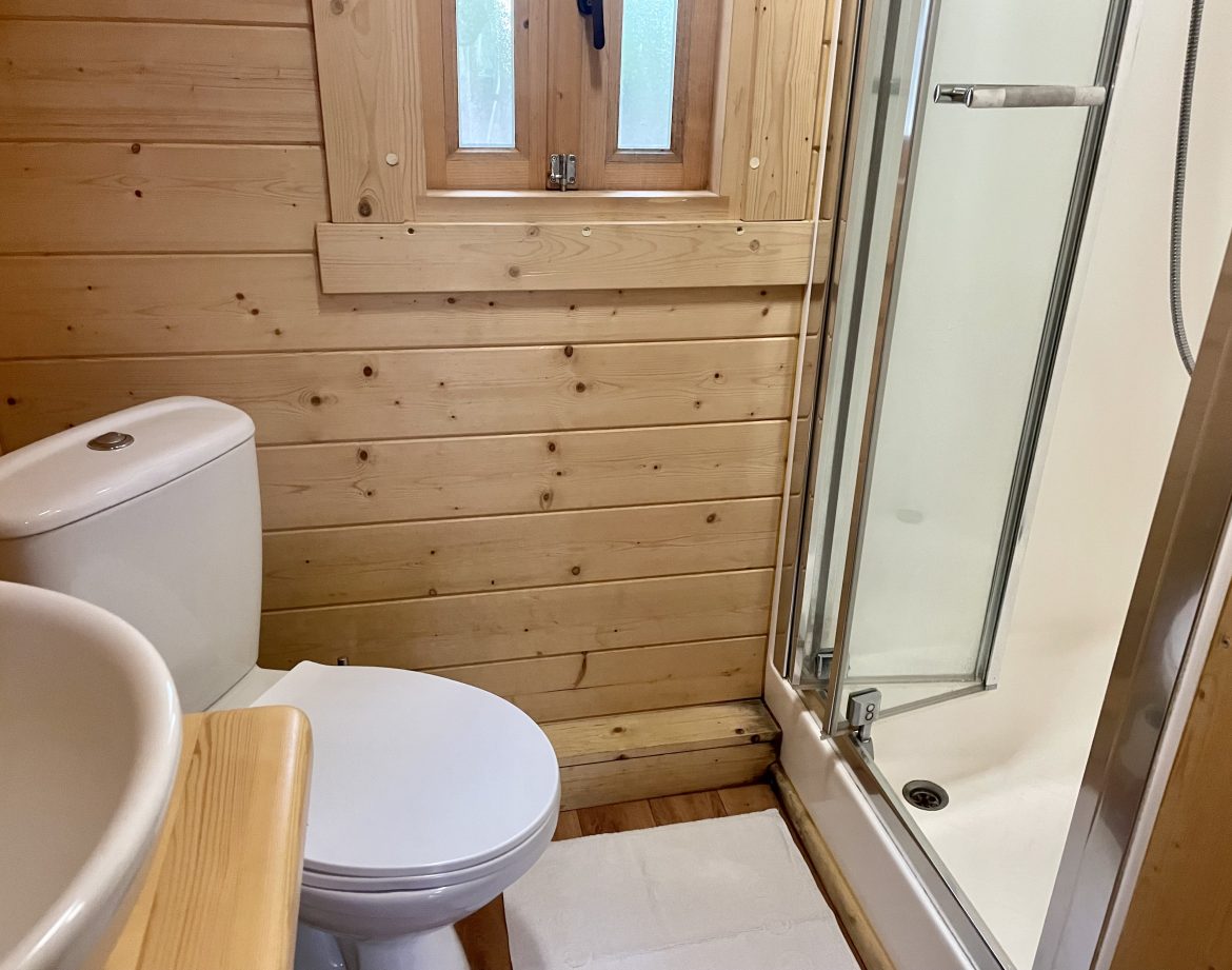 Salle de bain en bois dans un hébergement insolite, avec douche et toilettes modernes.