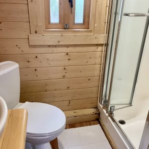 Salle de bain en bois dans un hébergement insolite, avec douche et toilettes modernes.