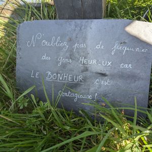 Gîte rural avec une jolie pancarte en ardoise sur lherbe verdoyante.