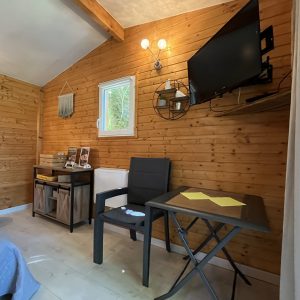 Chalet en bois chaleureux avec mobilier moderne, télévision et coin repas. Ambiance cosy.