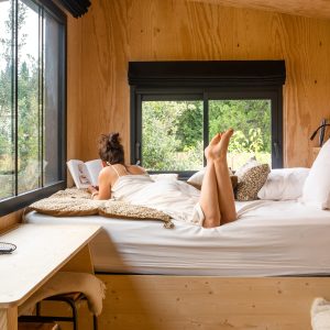 Cabane en bois avec grandes fenêtres, lit confortable et ambiance chaleureuse pour se détendre.