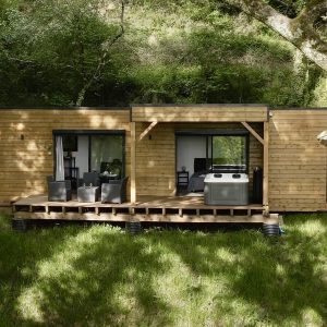 Cabane en bois moderne avec terrasse, entourée de verdure et d'arbres majestueux.