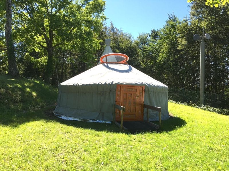 Yourte spacieuse au milieu de la nature, entourée darbres verdoyants.