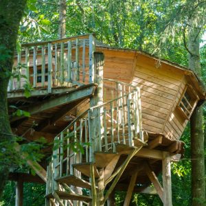 Cabane perchée dans les arbres, en bois, avec un balcon et un escalier en colimaçon.