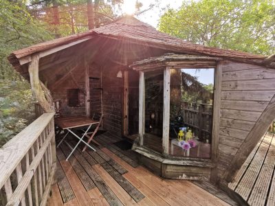 Cabane en bois perchée, avec terrasse en bois et grandes fenêtres, entourée de verdure.