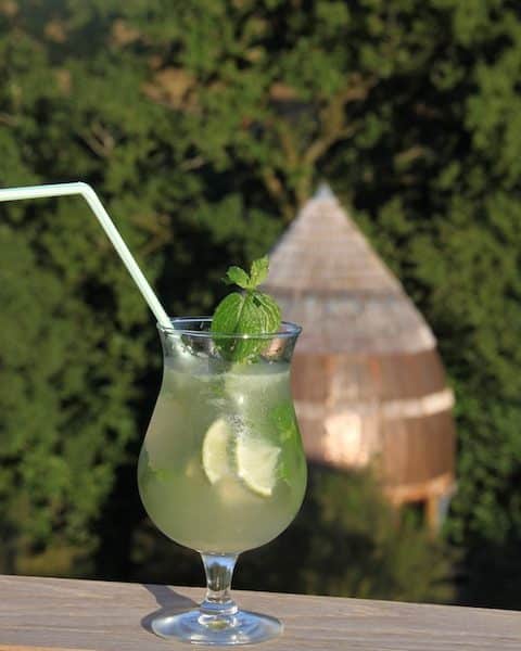 Cocktail rafraîchissant sur le balcon dun hébergement en pleine nature.