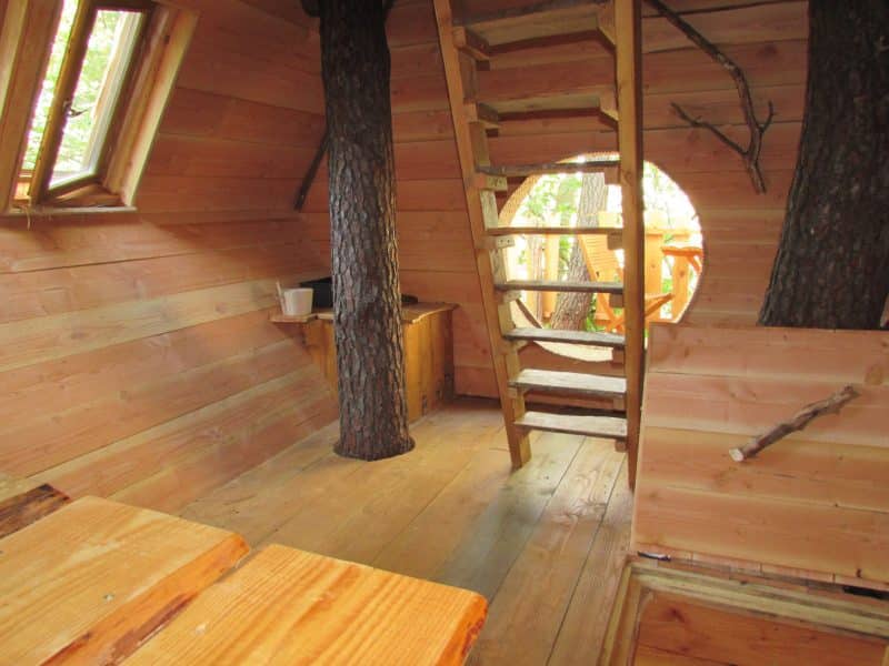 Cabane dans les arbres avec un intérieur en bois et une fenêtre ronde.