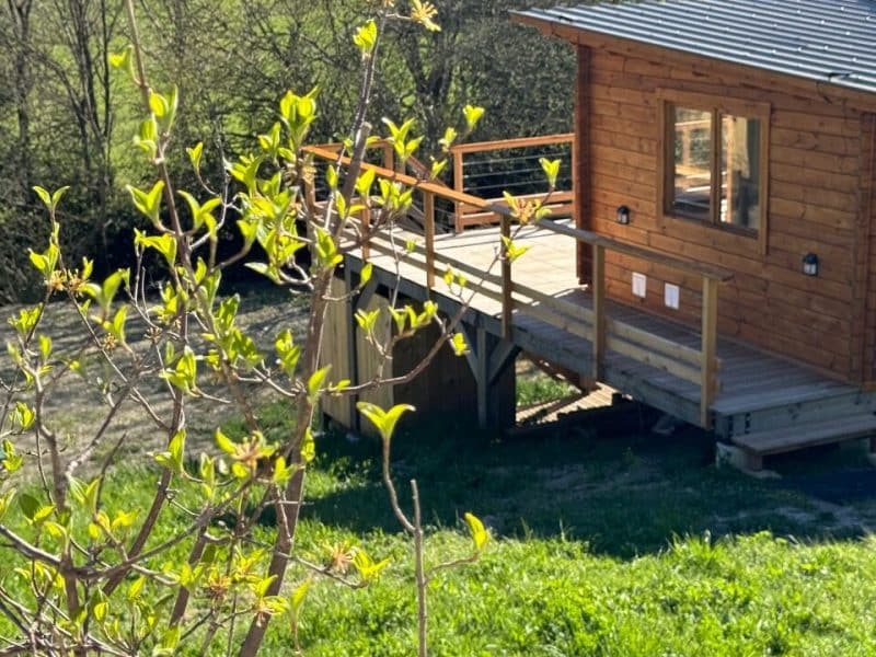 Cabane en bois avec terrasse, entourée de verdure et de jeunes feuilles.