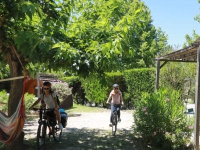 Hébergement insolite en cabane, avec cyclistes et hamac sous les arbres.