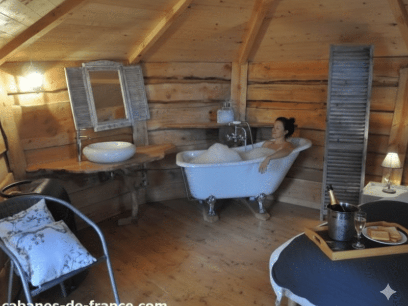 Cabane en bois avec baignoire vintage et ambiance chaleureuse.