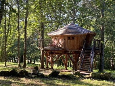 Cabane perchée en bois dans les arbres, entourée de verdure à Midi-Pyrénées.