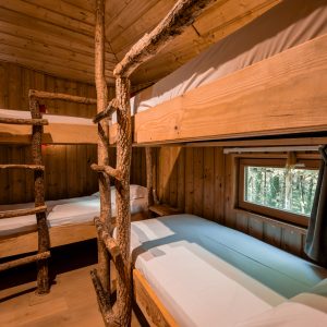Chalet en bois avec lits superposés, ambiance chaleureuse et vue sur la forêt.