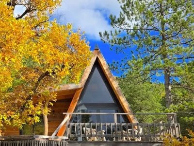 Cabane en bois A-frame entourée darbres et de feuillage automnal.
