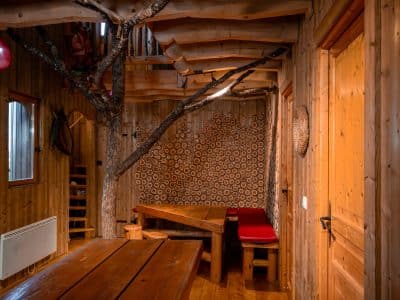 Cabane en bois avec un arbre intérieur et une ambiance chaleureuse.