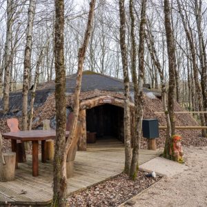 Hébergement insolite en forme de hutte, entouré darbres, avec une terrasse en bois.