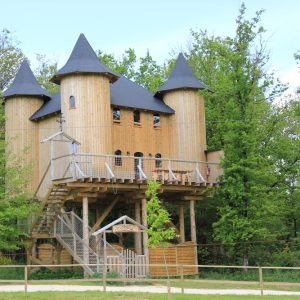 Cabane dans les arbres en forme de château, entourée de verdure luxuriante.
