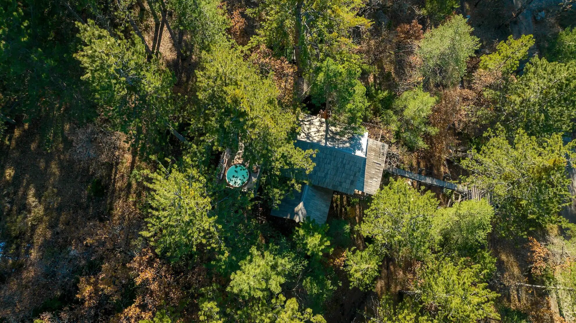 Copie de DJI_0079 Cabane perchée dans les arbres, entourée de verdure, avec une terrasse en bois.