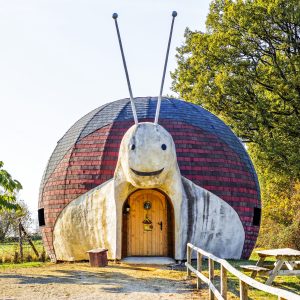 Hébergement insolite en forme descargot, entouré de verdure et darbres.