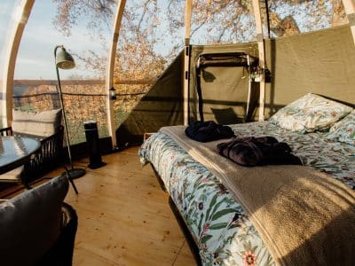 Cabane en verre dans les arbres, lit douillet avec vue sur la nature environnante.
