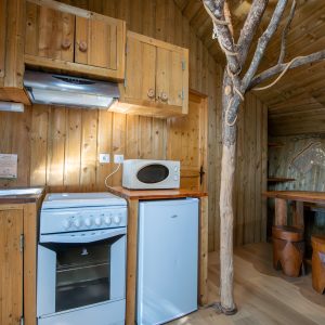 Cabane en bois dans les arbres, avec cuisine équipée et décor naturel chaleureux.