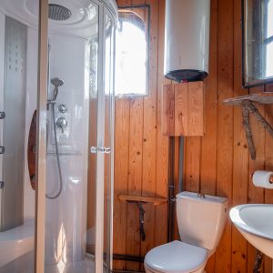 Cabane en bois avec salle de bain moderne, murs en bois chaleureux et douche spacieuse.