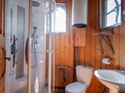 Cabane en bois avec salle de bain moderne, murs en bois chaleureux et douche spacieuse.