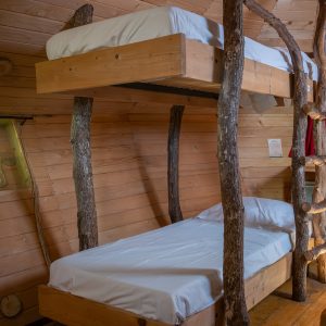 Cabane en bois avec lits superposés et échelle en troncs darbres, ambiance chaleureuse.