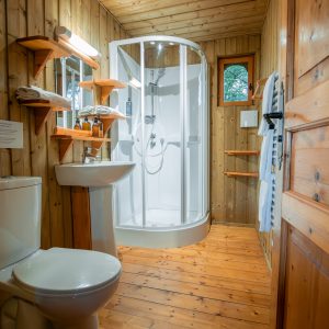 Salle de bain en bois dun hébergement insolite en Nouvelle-Aquitaine, avec douche moderne.