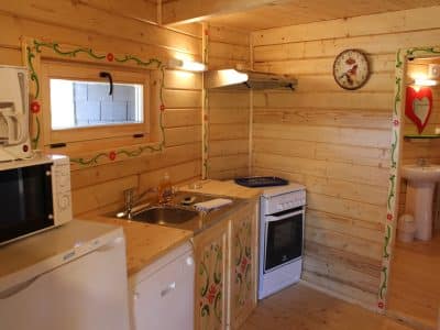 Charmant chalet en bois en Nouvelle-Aquitaine, cuisine équipée et décor floral.