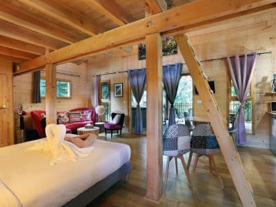 Chalet en bois chaleureux avec salon, décor cosy et vue sur la nature.