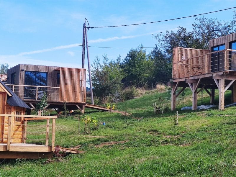 Hébergement en cabanes en bois avec un petit chalet, entouré de verdure.