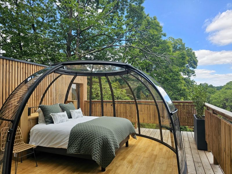 Cabane moderne avec lit douillet, entourée de verdure et vue dégagée.