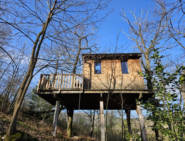 Cabane perchée dans les arbres, offrant une vue dégagée sur la nature environnante.