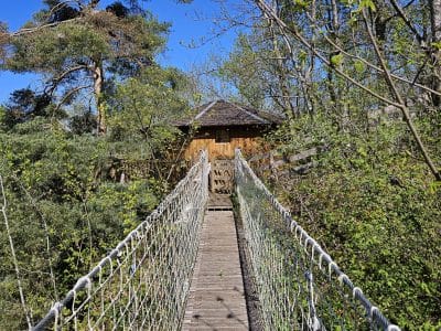 Cabane perchée accessible par un pont suspendu, entourée de verdure.