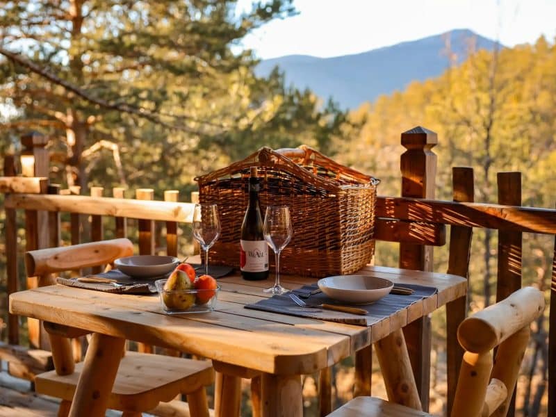 Cabane en bois avec une table en terrasse, vue sur la montagne et panier pique-nique.