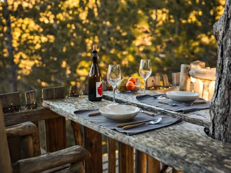 Table en bois dans une cabane dans les arbres, avec vue sur la nature et vaisselle élégante.