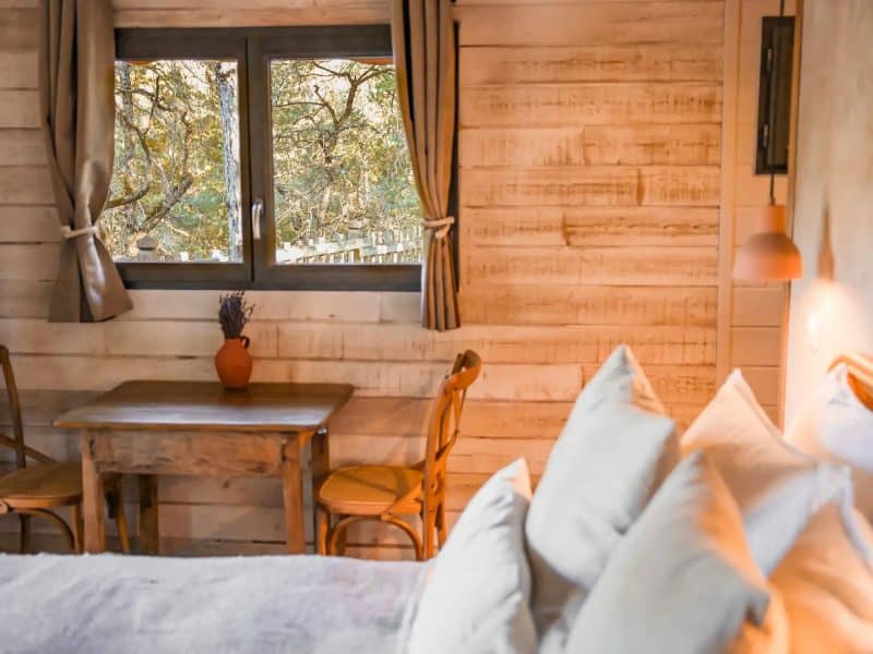Chalet en bois avec vue sur la nature, décor chaleureux et lumineux.