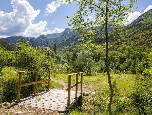 Charmant chalet en pleine nature, avec un pont en bois surplombant un paysage verdoyant.