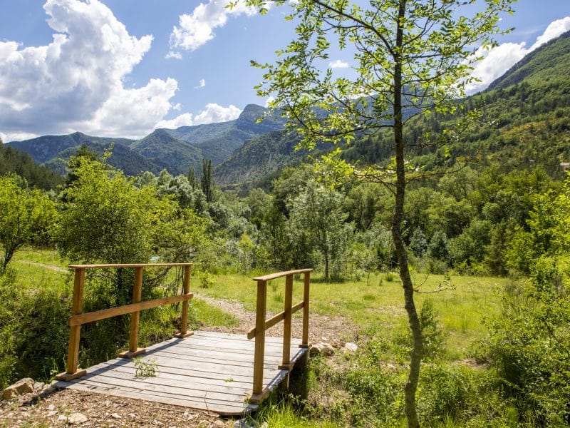 Charmant chalet en pleine nature, avec un pont en bois surplombant un paysage verdoyant.