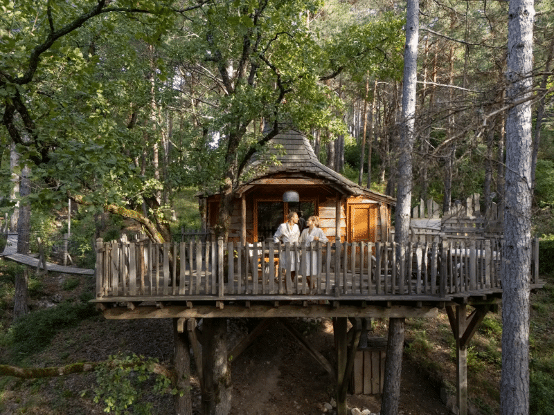 Cabane dans les arbres, entourée de verdure, avec une terrasse en bois accueillante.